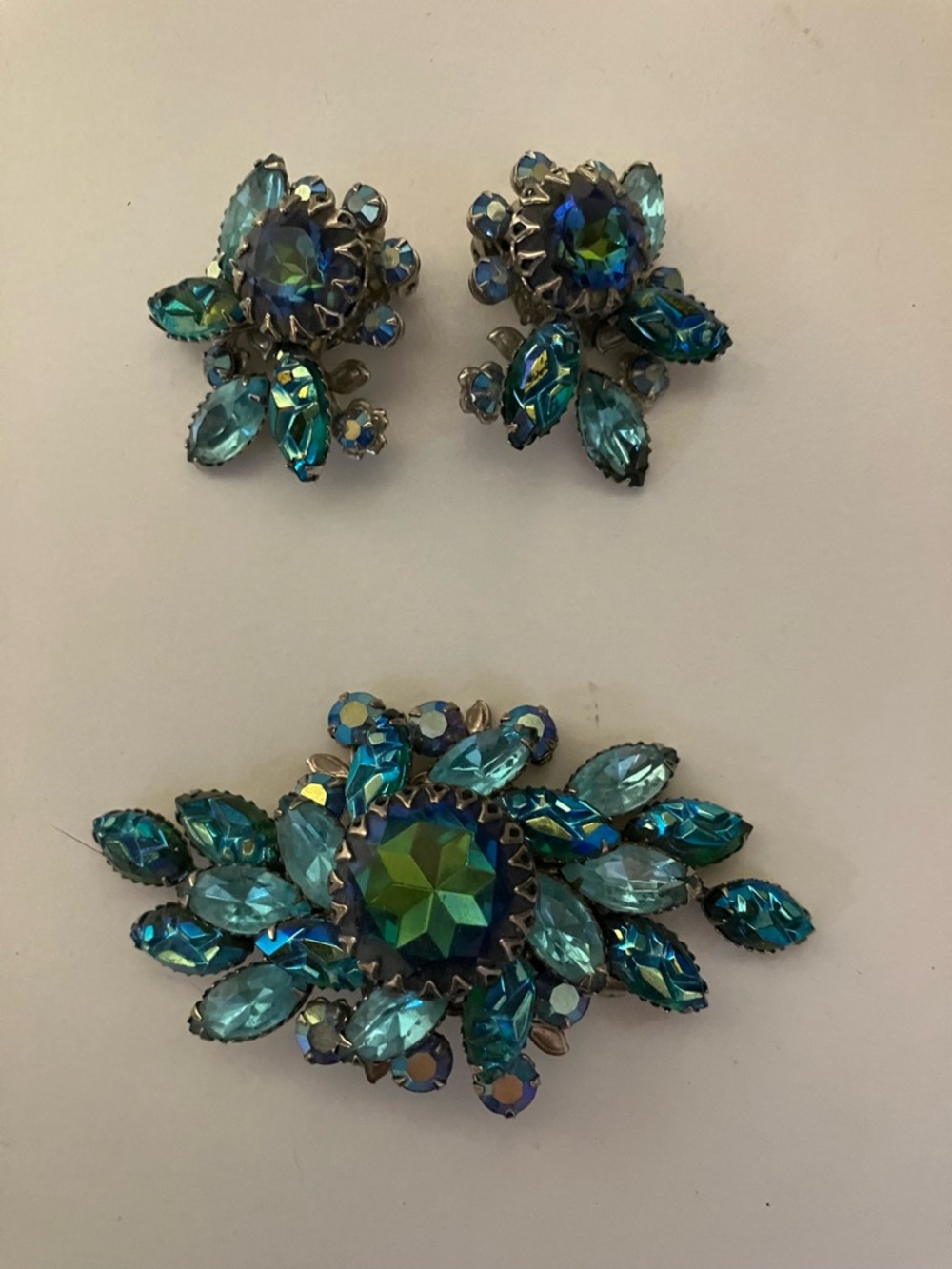 Vintage Judy Lee Iridescent Blue-Green Crystal Floral Earrings and Brooch